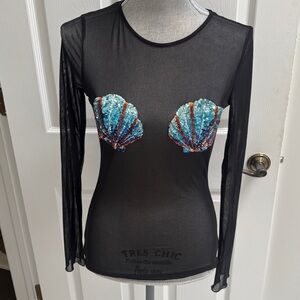 Ragstock Festival Long sleeve black sheer seashell mermaid top Size M